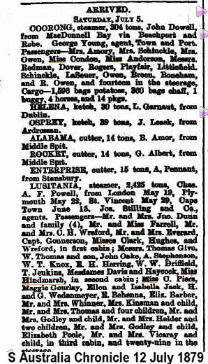 Frances arrival in Australia on The Lusitania Newspaper cutting showing Frances arrival in Australia on The Lusitania