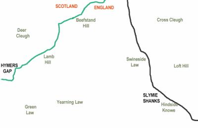 Hand-drawn map showing the possible location of Hymers Gap on the Scotland/England border