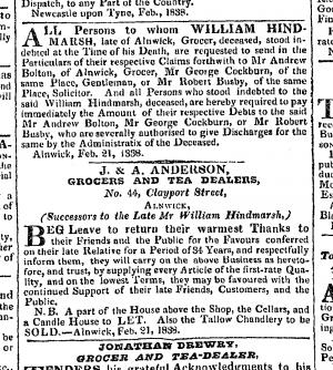 Newspaper clipping from the Newcastle Courant showing sale of Grocer's