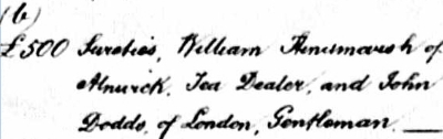 Percival's Customs Sureties An image of a handwritten entry showing Percival's Sureties
