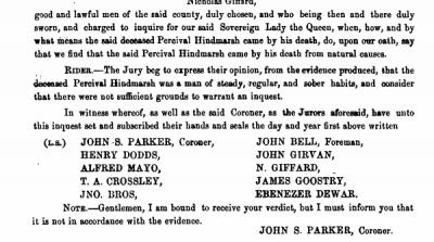 Percival's Coroner's Inquest Result A snippet of the Coroner's inquest report