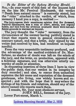John Bell's Letter in the Sydney Morning Herald Cutting from the Sydney Morning Herald following Percival's Inquest