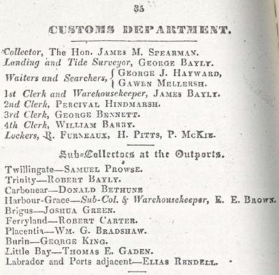 Percival is a Customs Clerk Cutting from the Newfoundland Almanac 1844 showing Percival Hindmarsh as Customs Clerk