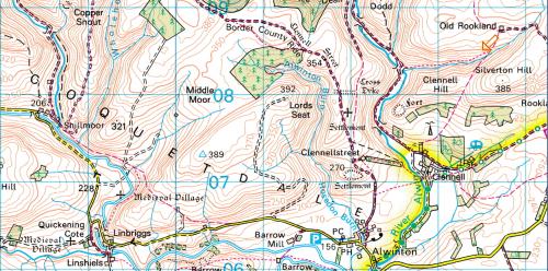 Map of Upper Coquetedale showing Old Rookland, Quickening Cote, Linbriggs, Linhiels, and Alwinton