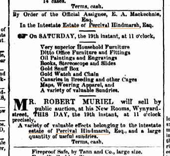 Auction of Percival's Belongings, Sydney Morning Herald 19 Mar 1859 Newspaper cutting showing public auction of Percival's belongings